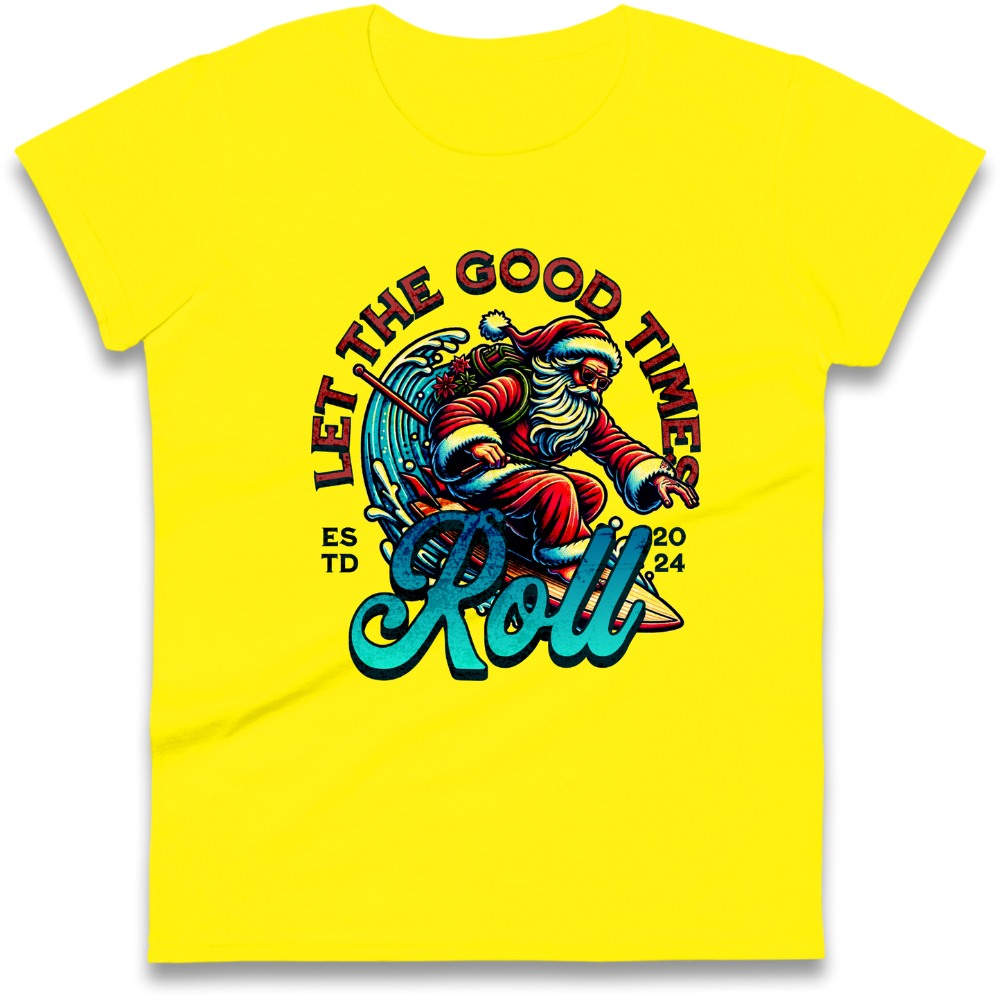 Santa Surfing Let The Good Times Roll Christmas Ladies Shirt