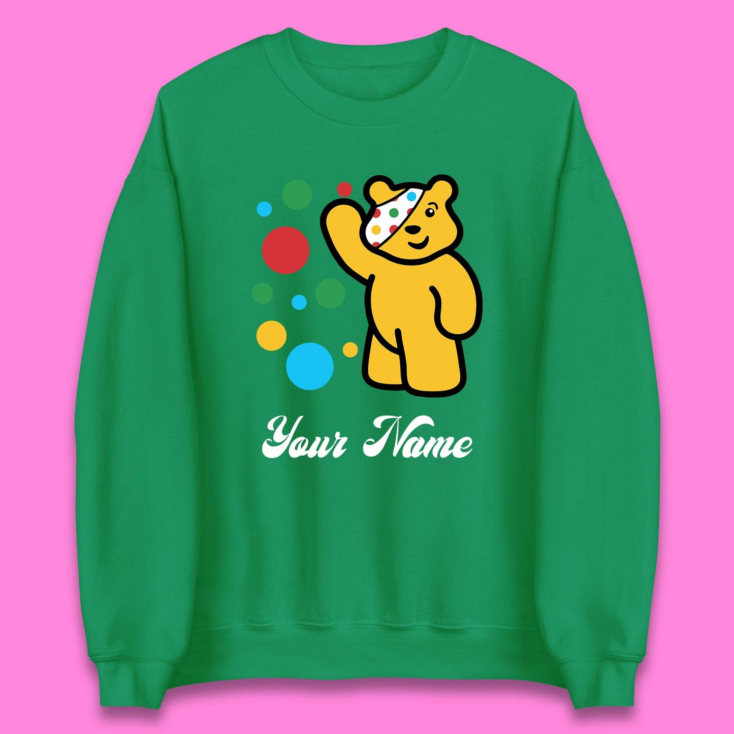 Personalised Spotty Pudsey Bear Hand Waving Dotty Spot Your Name Fundraising Spotty Bear Spotty Day Unisex Sweatshirt