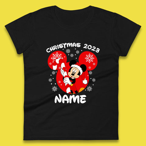Personalised Disney Christmas 2023 Your Name Santa Mickey Mouse And Minnie Mouse Xmas Disneyland Trip Womens Tee Top