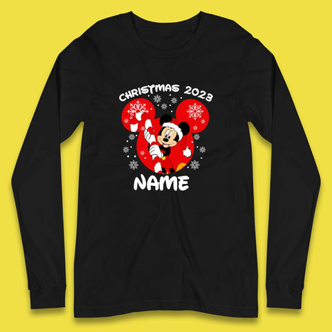 Personalised Disney Christmas 2023 Your Name Santa Mickey Mouse And Minnie Mouse Xmas Disneyland Trip Long Sleeve T Shirt