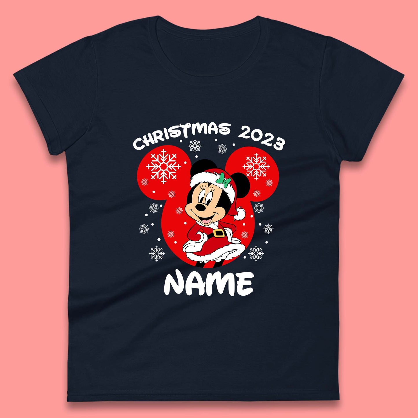 Personalised Disney Christmas 2023 Your Name Santa Mickey Mouse And Minnie Mouse Xmas Disneyland Trip Womens Tee Top