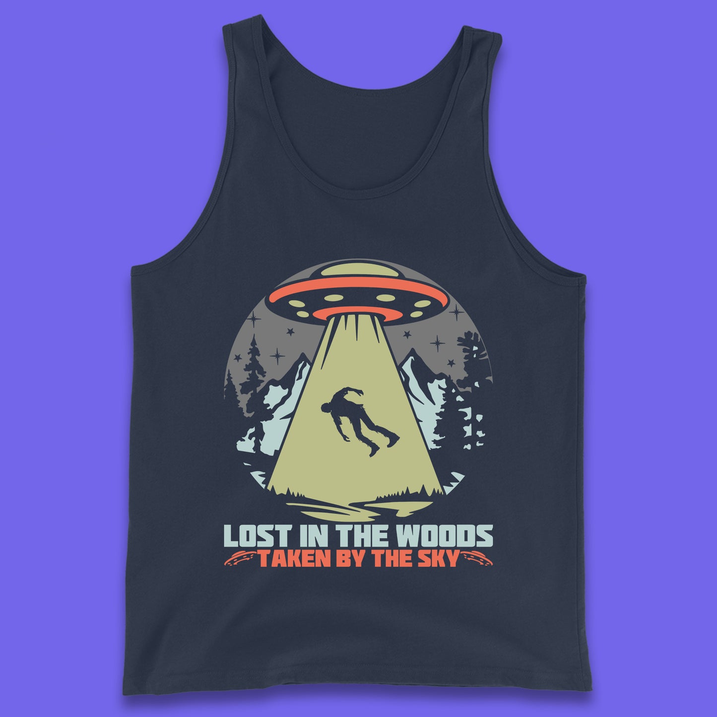 Lost In The Woods Taken By Sky Bigfoot Funny Sasquatch Getting Abducted By Aliens Camping Tank Top