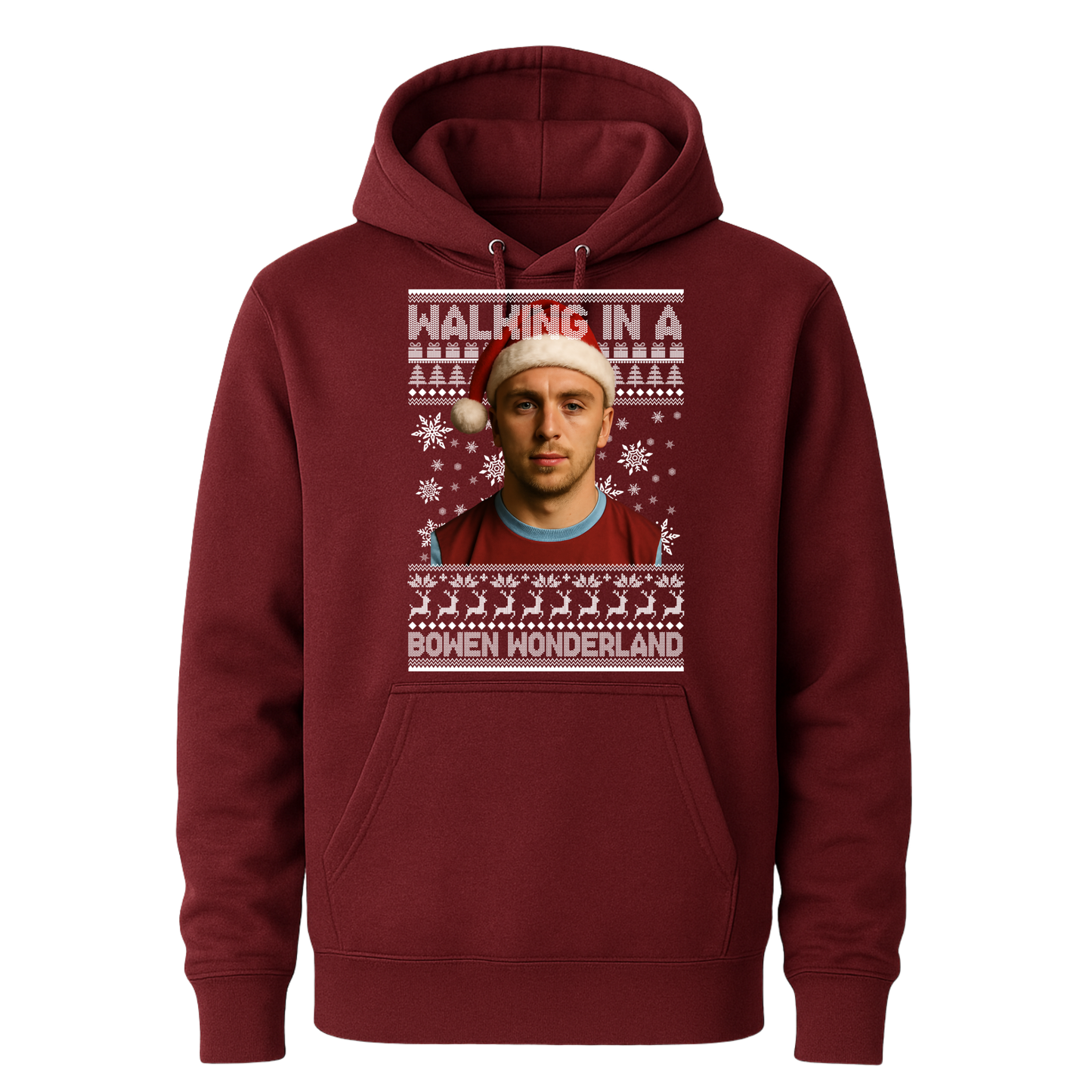 Jared Bowen walking in a Bowen Wonderland Christmas kids hoodie