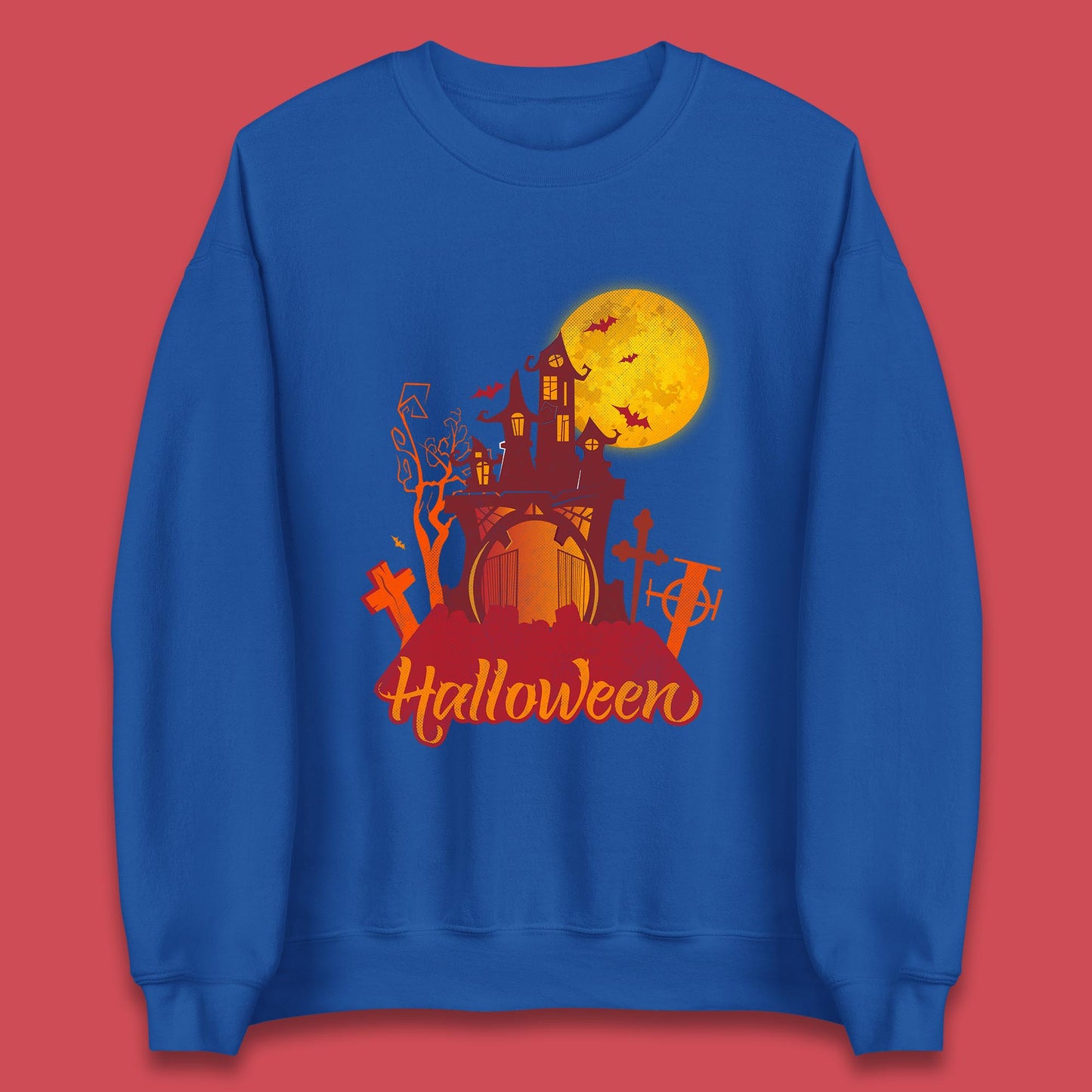Halloween Lettering With Full Moon Scary Haunted House Flying Bats Horror Graveyard Unisex Sweatshirt