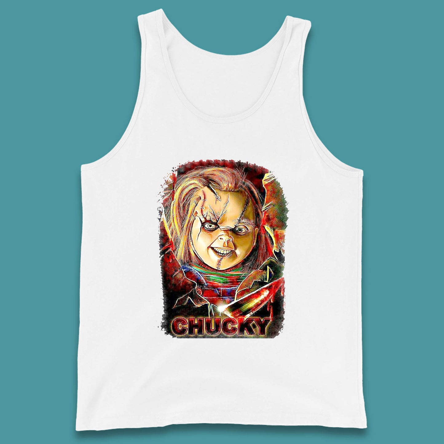Chucky Distressed Childs Play Horror Monster Creepy Doll Toy Scary Halloween Scary Movie Character Tank Top