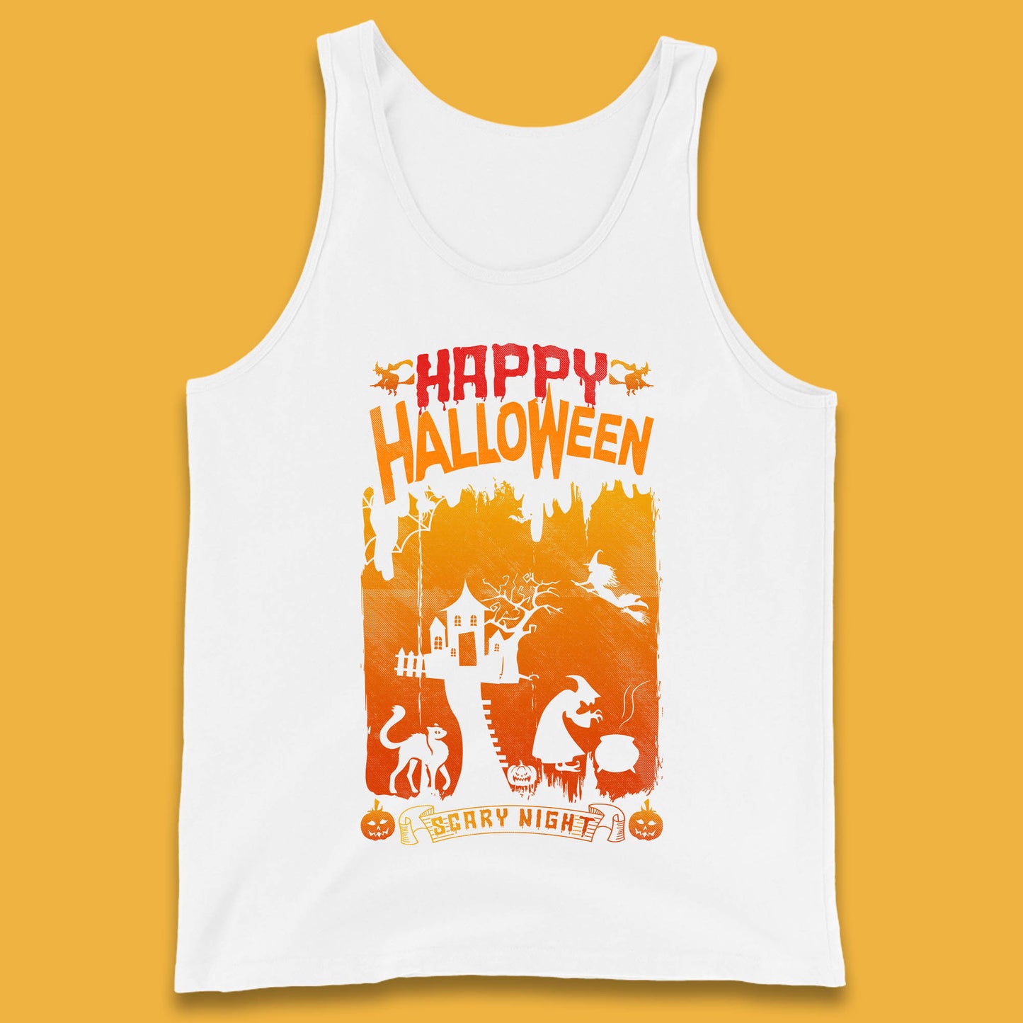 Happy Halloween Horror Hunted House Flying Witch Scary Spooky Night Tank Top