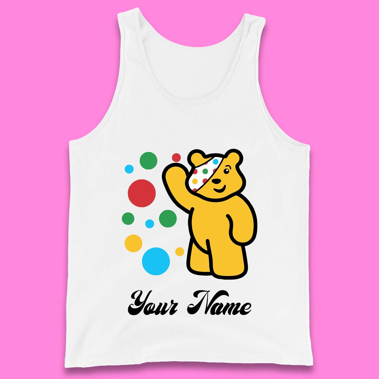Personalised Spotty Pudsey Bear Hand Waving Dotty Spot Your Name Fundraising Spotty Bear Spotty Day Tank Top