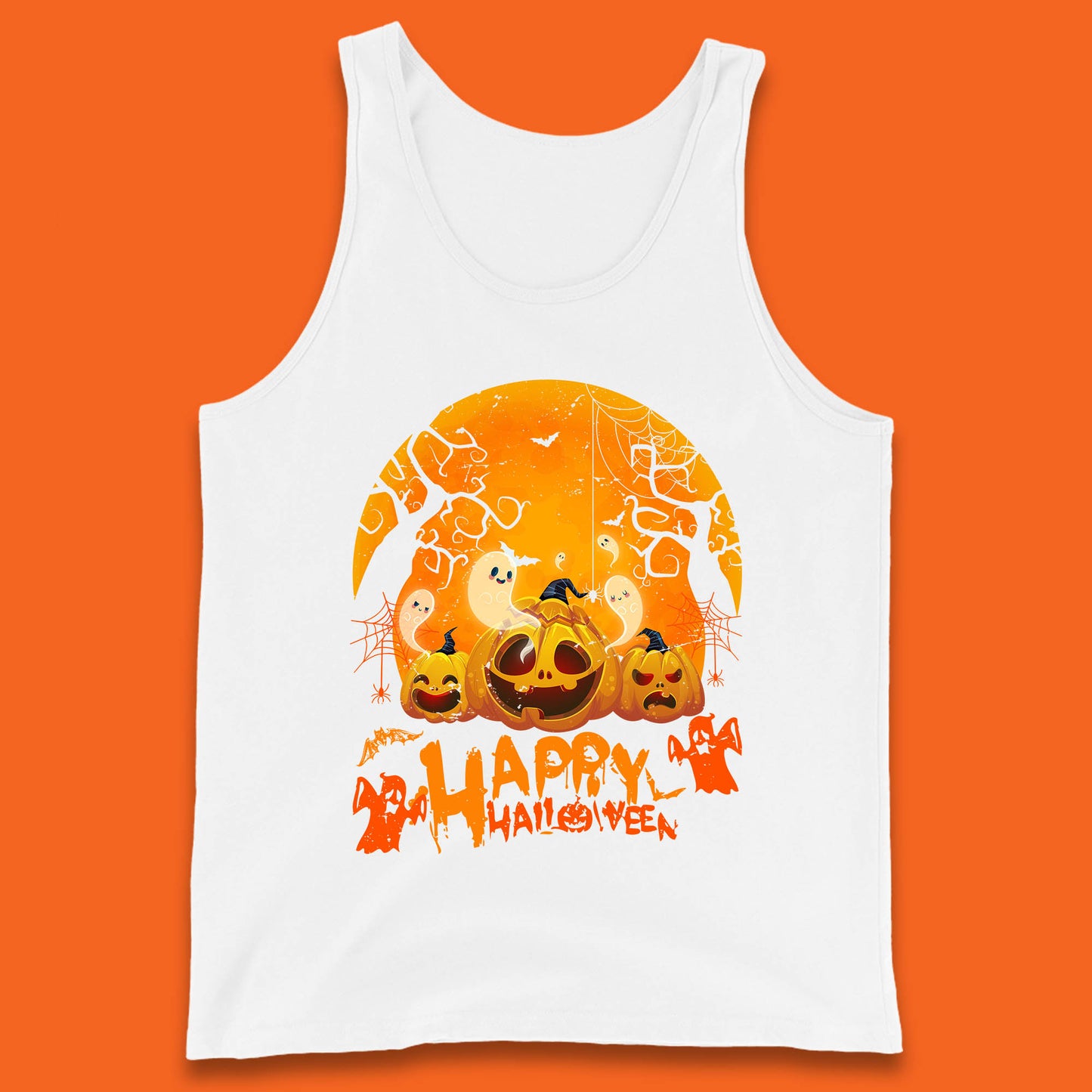Happy Halloween Jack O Lantern Pumpkins Scary Boo Ghost Haunted Trees Tank Top
