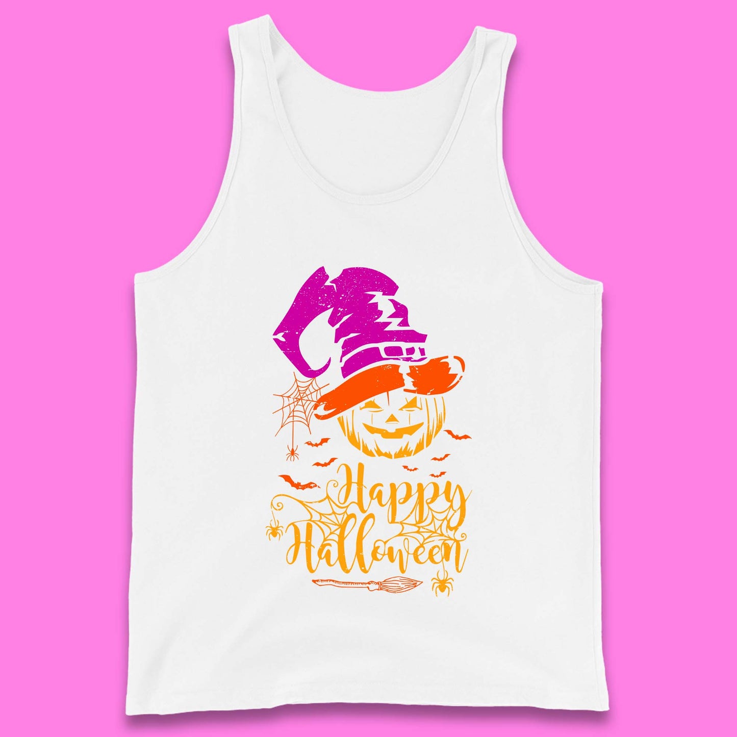 Happy Halloween Witch Hat Pumpkin Horror Scary Jack-o-lantern Flying Bats Tank Top
