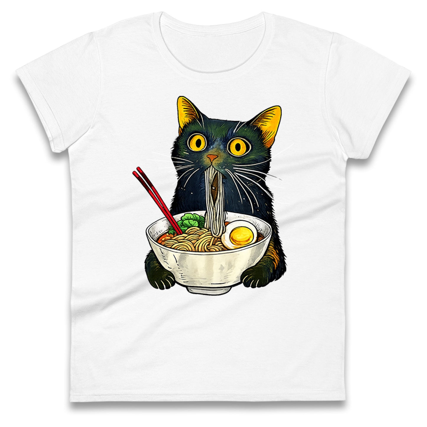 Ramen Noodle Black Cat Foodie Lover Meme Ladies T Shirt