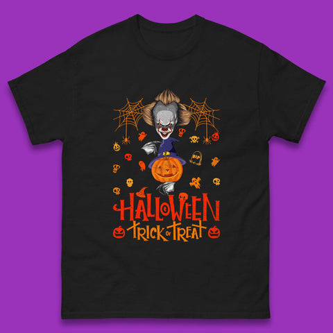 Halloween Trick Or Treat Witch Hat Pumpkin IT Pennywise Clown Horror Scary Movie Fictional Character Mens Tee Top