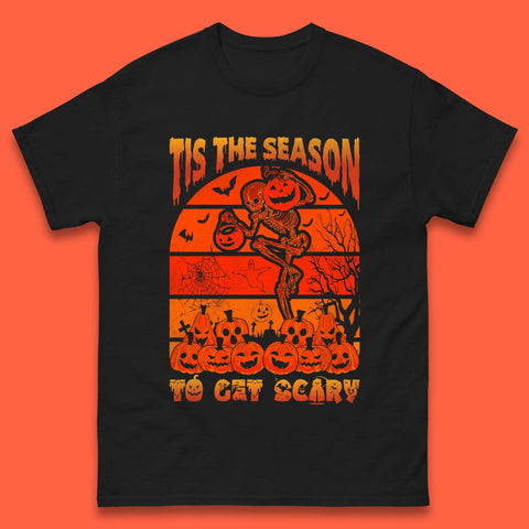 Tis The Season To Get Scary Halloween Skeleton Holding Pumpkin Buckets Spooky Vibes Mens Tee Top