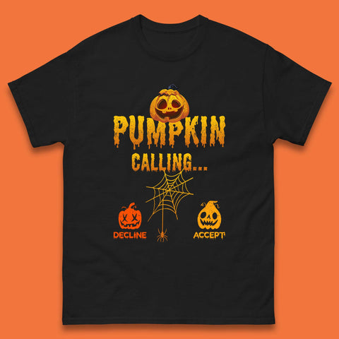 Halloween Pumpkin Calling Accept Decline Funny Jack O Lantern Horror Scary Phone Call Mens Tee Top