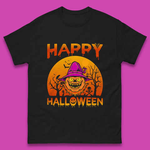 Happy Halloween Monster Pumpkin With Witch Hat Horror Scary Spooky Season Mens Tee Top