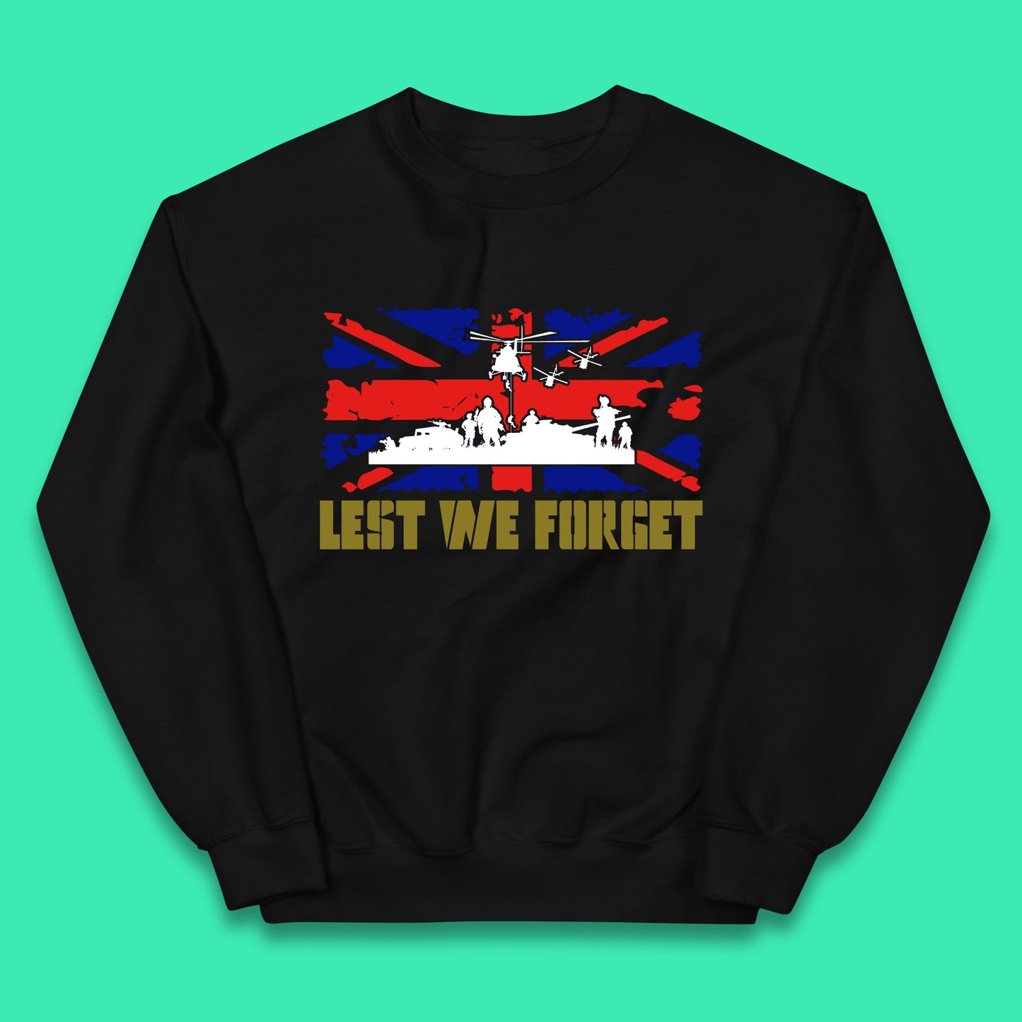 Lest We Forget Armed Forces Veterans Remembrance Day Uk Flag British War Soldiers Kids Jumper