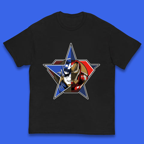 Captain America Logo With Iron Man Marvel Avengers Superheros Movie Character Kids T Shirt
