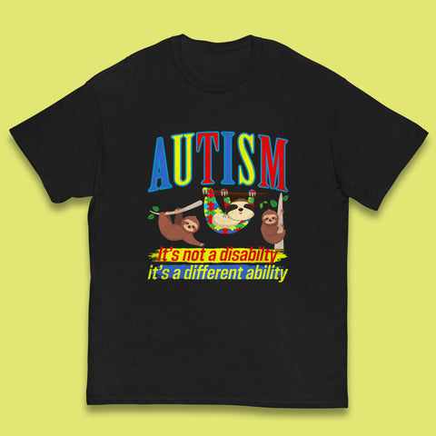 Autism Sloth It's Not A Disability It's A Different Ability Autism Awareness Autism Support Autism Warrior Kids T Shirt