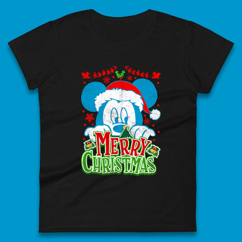 Merry Christmas Mickey Mouse Santa Hat Disney Vacation Xmas Holiday Disney Trip Womens Tee Top