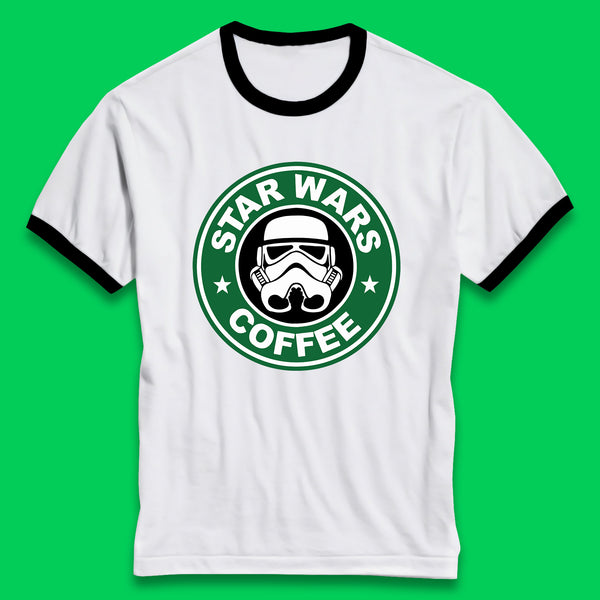 Star Wars Coffee Stormtrooper Sci-fi Action Adventure Movie Character Starbucks Coffee Spoof Star Wars 46th Anniversary Ringer T Shirt