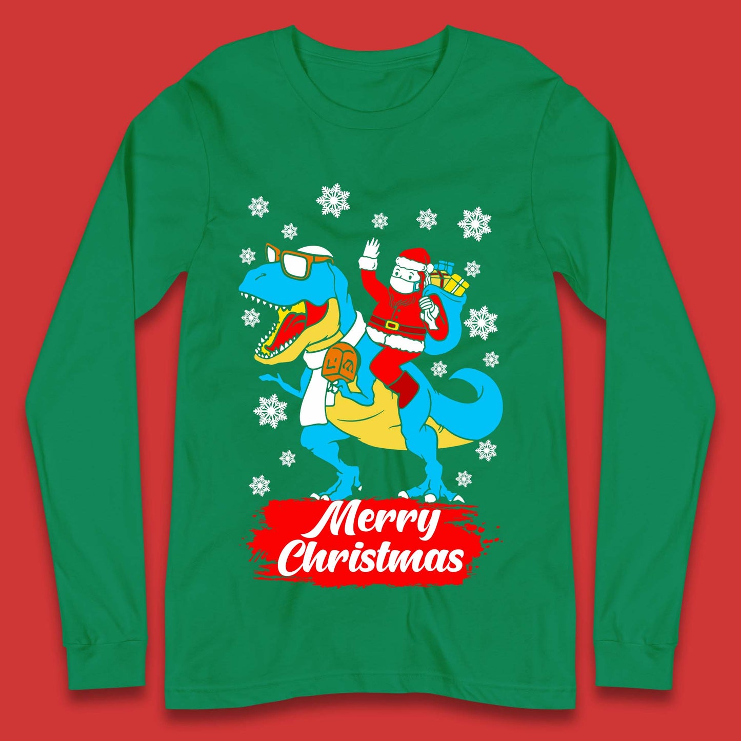 Santa Claus Riding T-Rex Christmas Long Sleeve T-Shirt