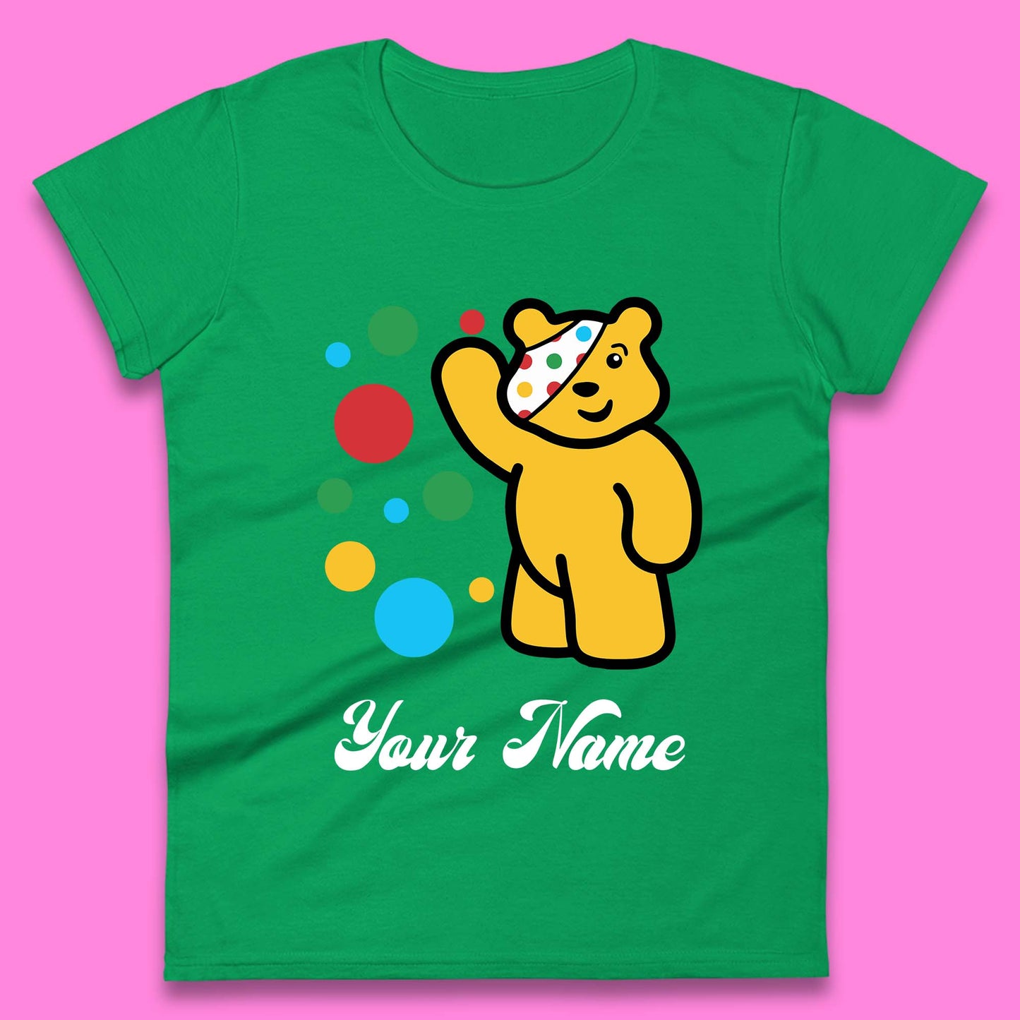 Personalised Spotty Pudsey Bear Hand Waving Dotty Spot Your Name Fundraising Spotty Bear Spotty Day Womens Tee Top