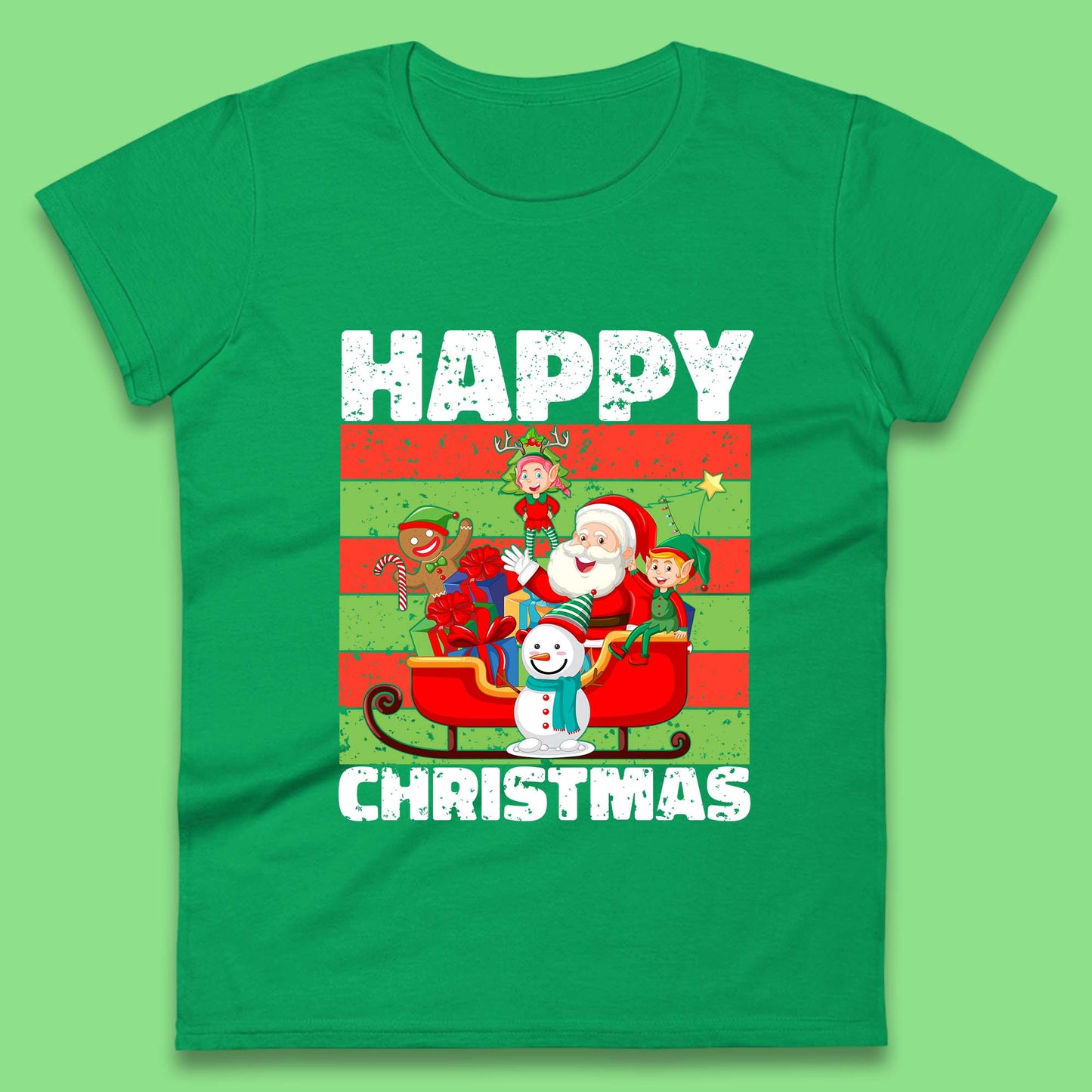 santa and friends on sleigh christmas womens t shirt
