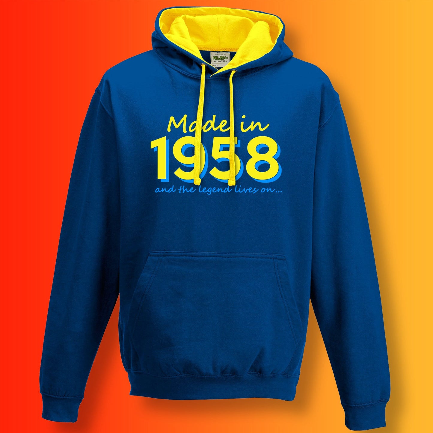 Made In 1958 and The Legend Lives On Hoodie Royal Blue Sun Yellow