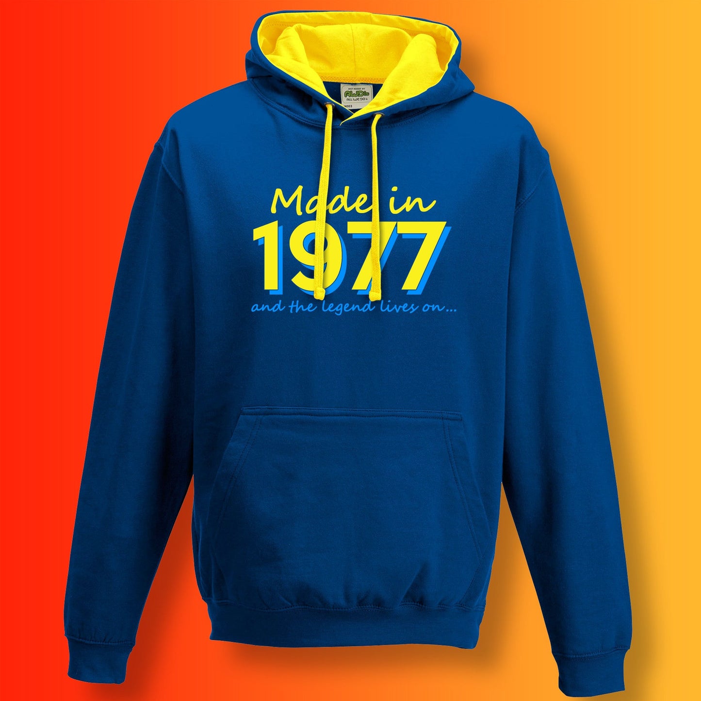 Made In 1977 and The Legend Lives On Hoodie Royal Blue Sun Yellow