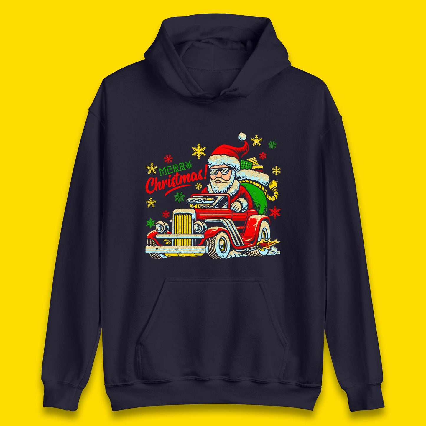 santa drives a hot rod car hoodie
