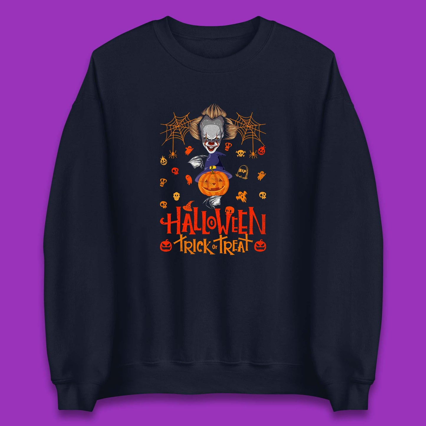 Halloween Trick Or Treat Witch Hat Pumpkin IT Pennywise Clown Horror Scary Movie Fictional Character Unisex Sweatshirt