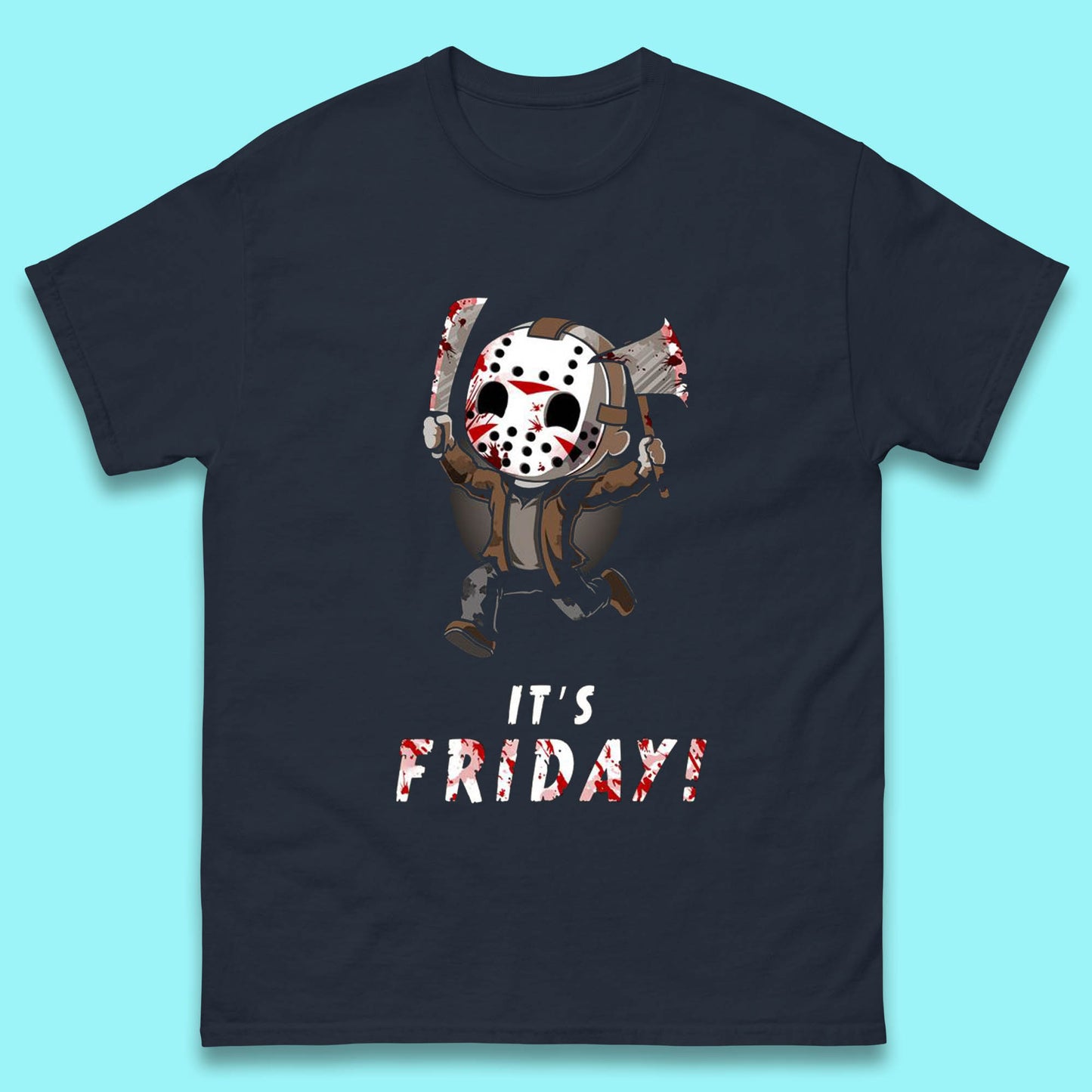 It's Friday Chibi Jason Voorhees Holding Bloody Knife & Bloody Axe Halloween Friday The 13th Horror Movie Mens Tee Top