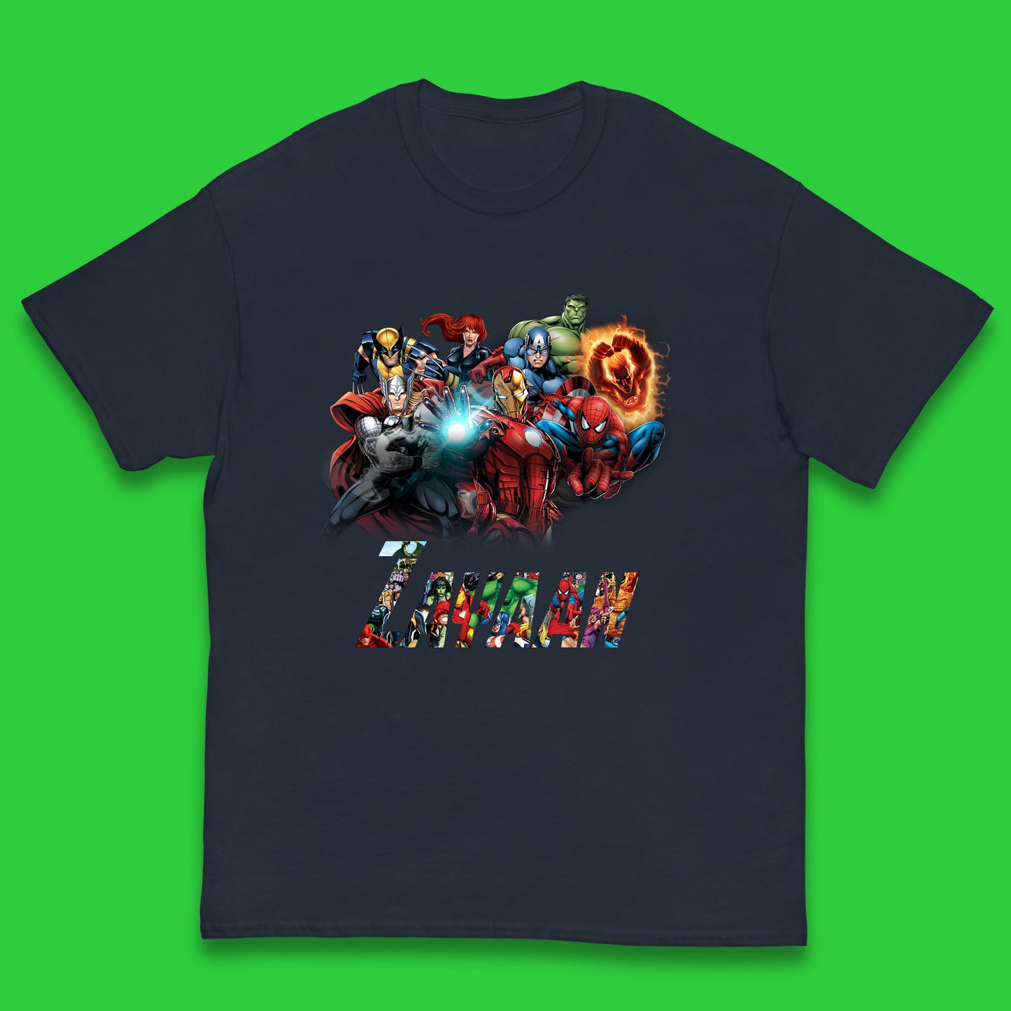 Personalised Marvel Avengers Super Heroes Movie Characters Spider Man, Black Widow, Hulk, Iron Man, Thor, Captain America Avengers Squad Kids T Shirt
