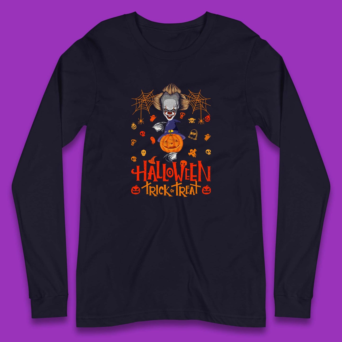 Halloween Trick Or Treat Witch Hat Pumpkin IT Pennywise Clown Horror Scary Movie Fictional Character Long Sleeve T Shirt