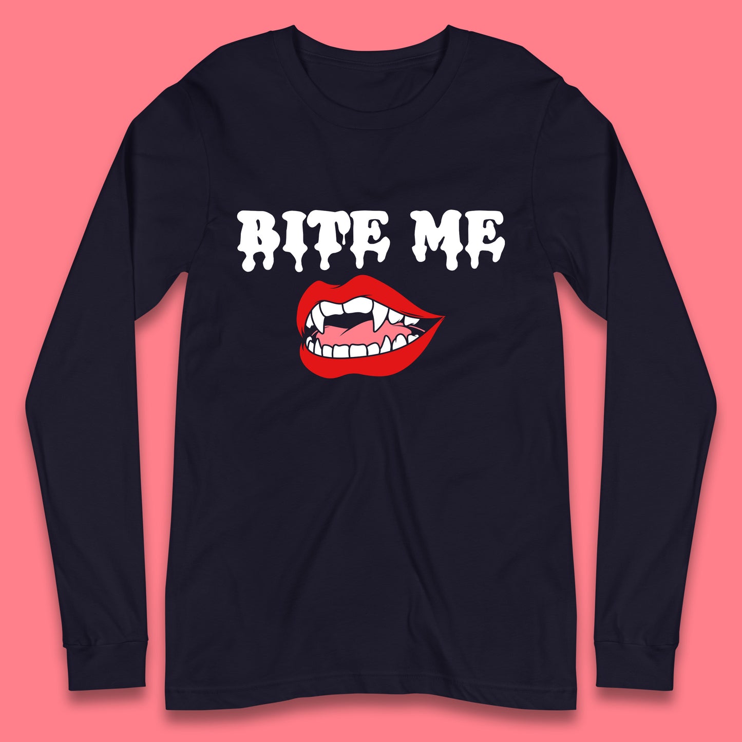 Bite Me Vampire Fangs Halloween Lips Horror Halloween Party Costume Long Sleeve T Shirt