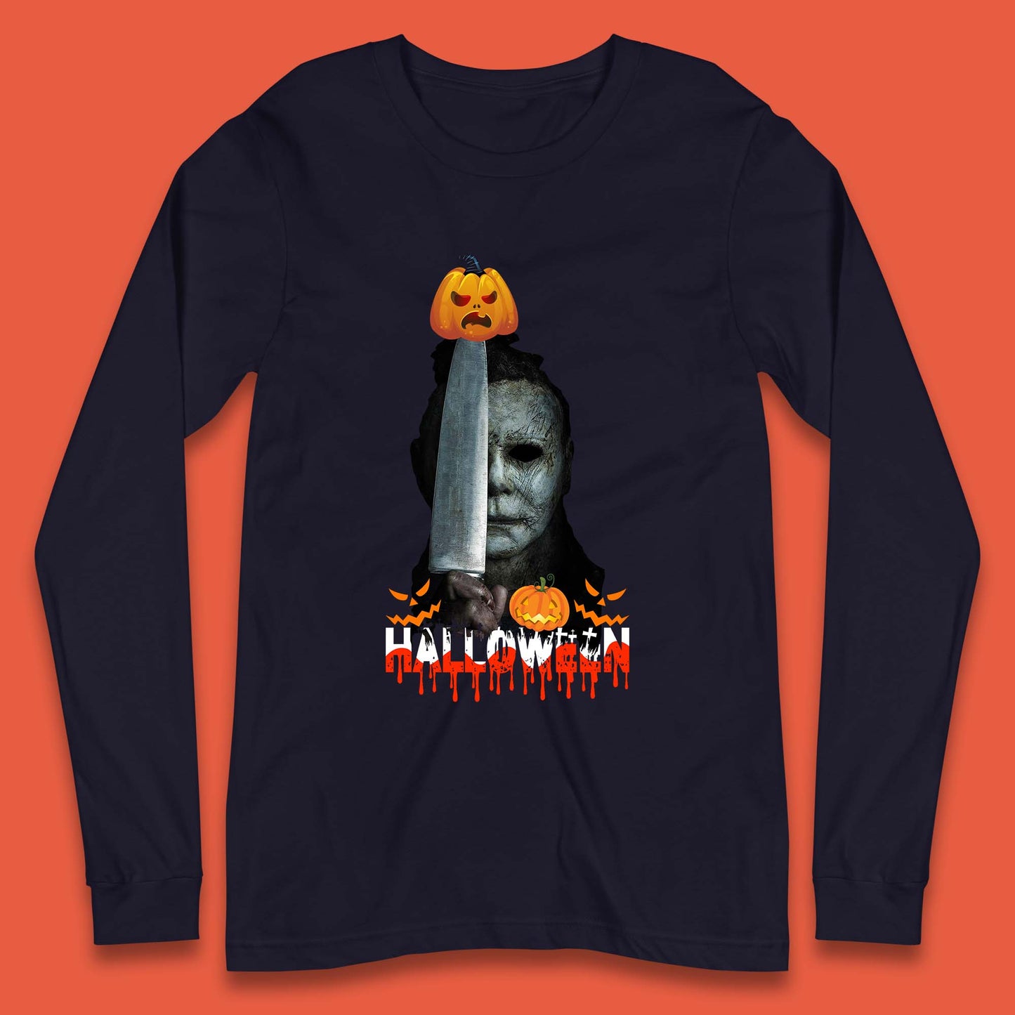 Halloween Michael Myers Holding Knife Pumpkin Horror Movie Character Serial Killer Long Sleeve T Shirt