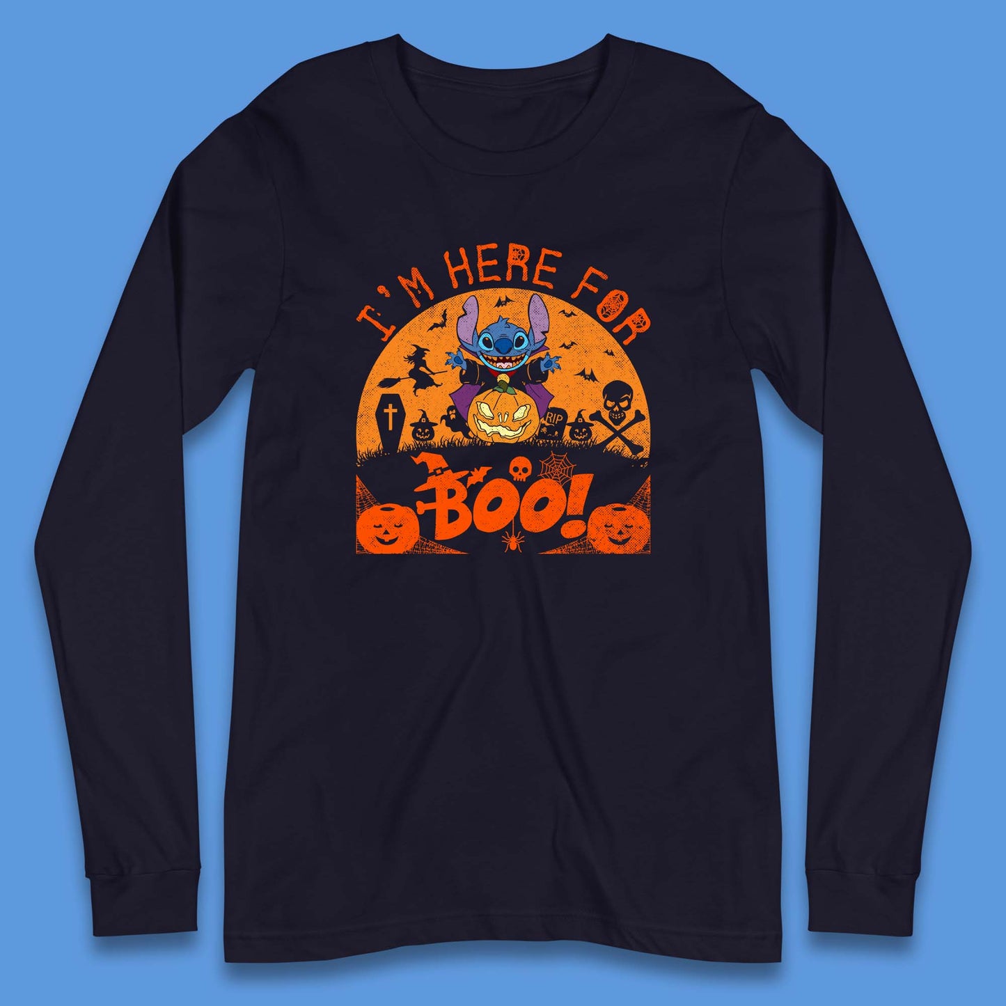 I'm Here For The Boo Disney Stitch Disney Halloween Pumpkin Devil Stitch Horror Scary Lilo & Stitch Long Sleeve T Shirt