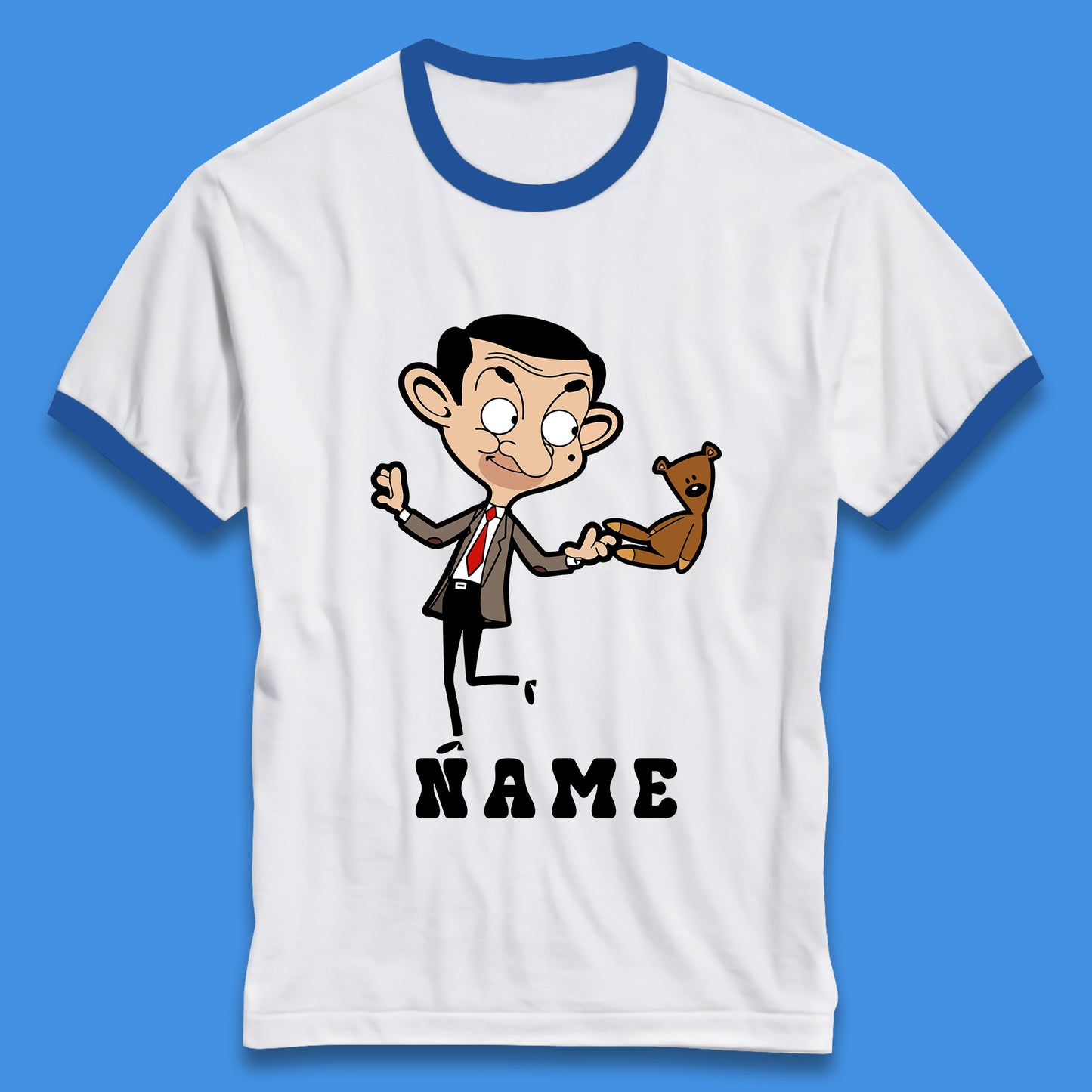 Personalised Mr Bean And Teddy Bear Your Name Comedy Cartoon Animated Series Ringer T Shirt