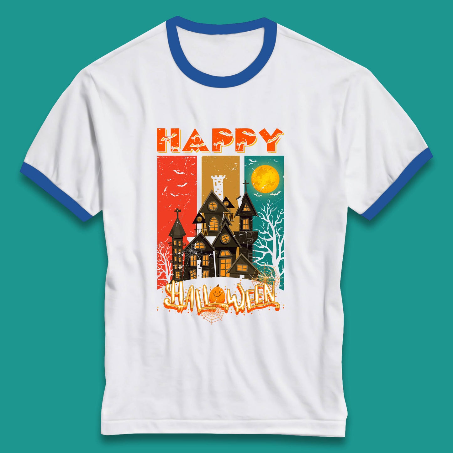 Happy Halloween Vintage Style Horror Scary Haunted House Ringer T Shirt