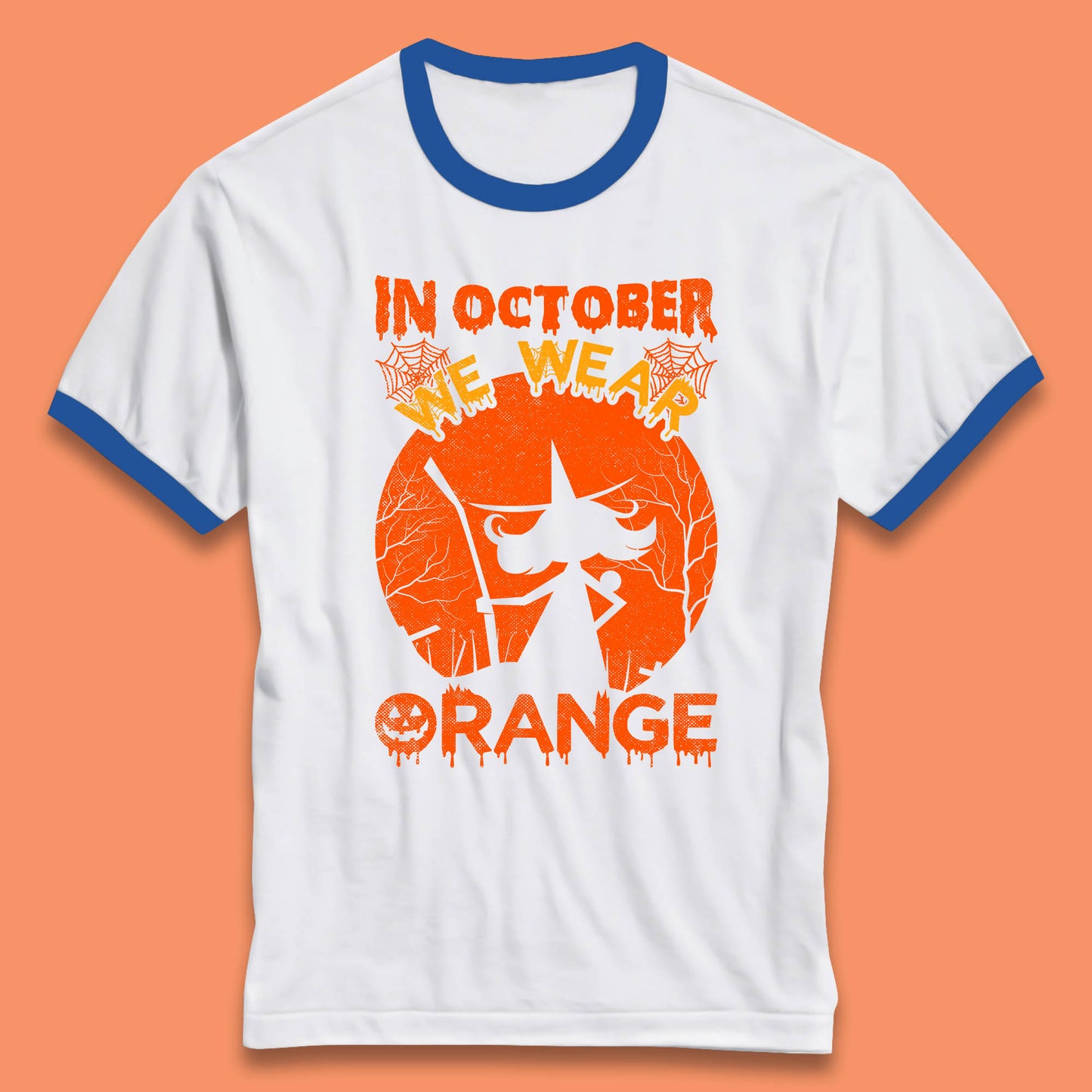 In October We Wear Orange Funny Quote Scary Witch With Broom Halloween Costume October Festive Ringer T Shirt