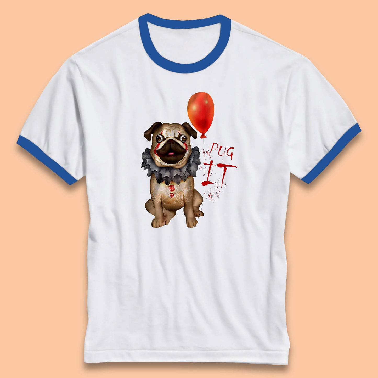 Pug IT Pennywise Clown Dog Spoof Halloween Pug Dog Costume Horror Movie Serial Killer Ringer T Shirt