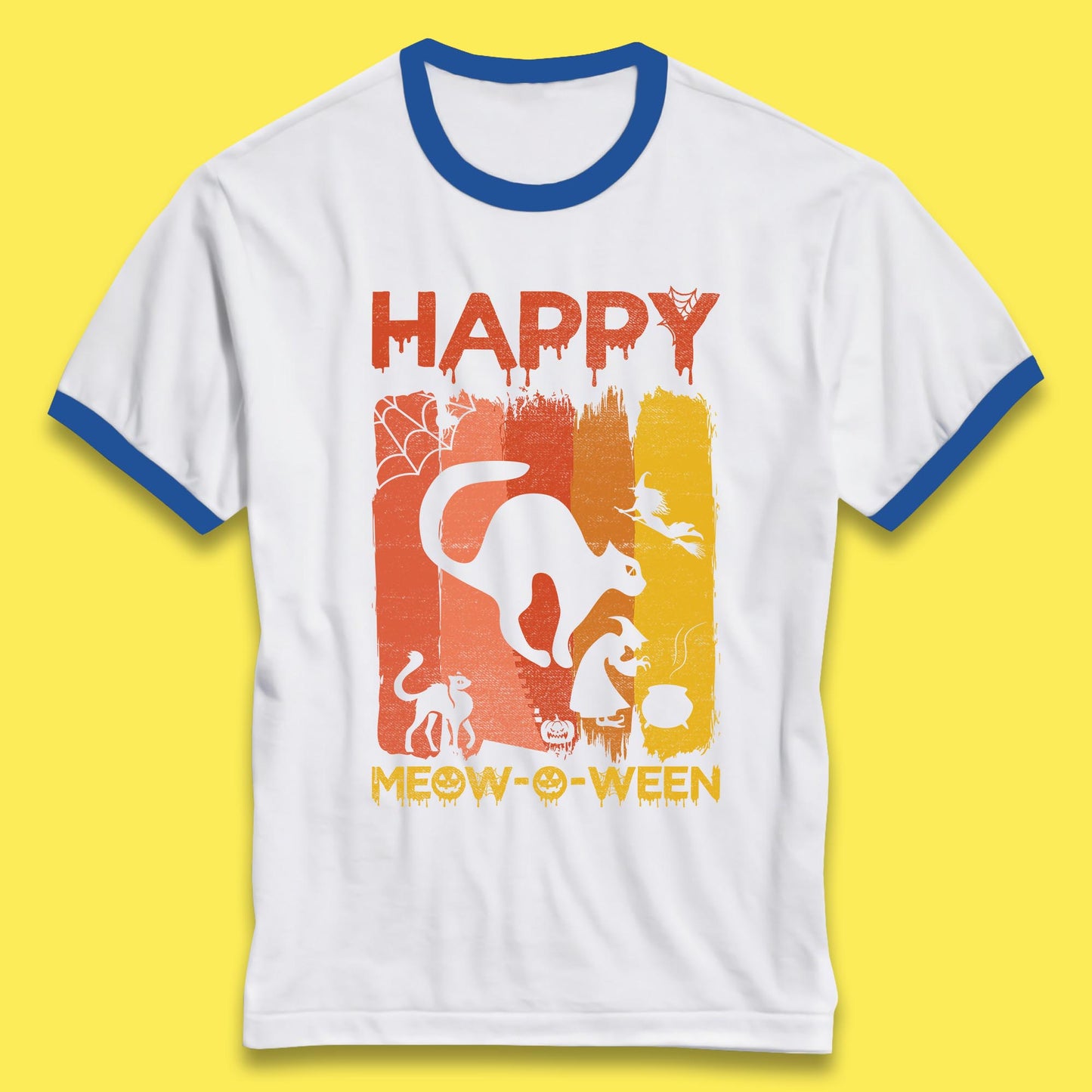 Happy Meow-O-ween Funny Halloween Black Cat Scary Spooky Ringer T Shirt