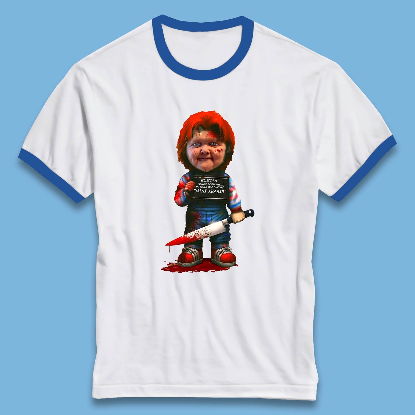 Chucky Mug Shot Russian Police Dept Hasbulla Magomedov Chucky Mini Khabib Inspired Halloween Horror Movie Good Guy Chucky Ringer T Shirt