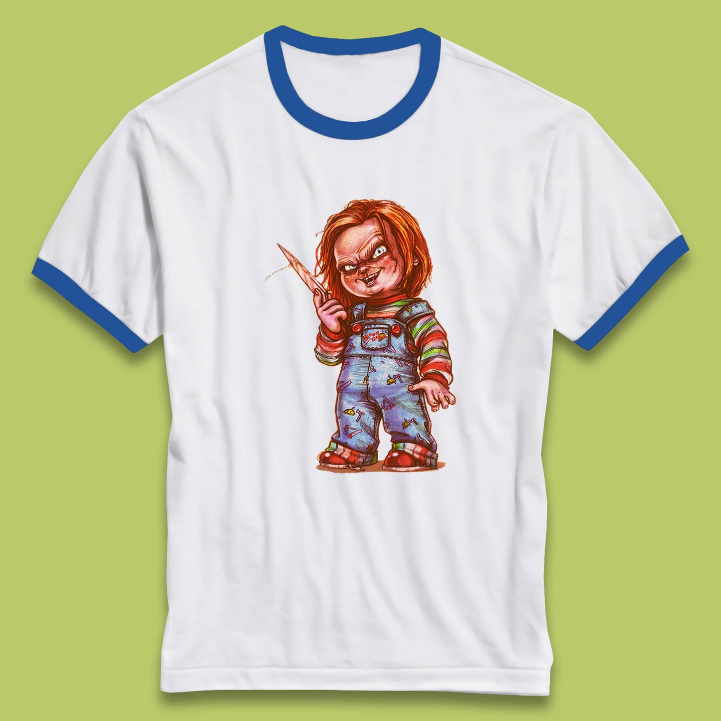 The Horror Movie Character Chucky With Knife Serial Killer Halloween Horror Movie Inspired Chucky Ringer T Shirt