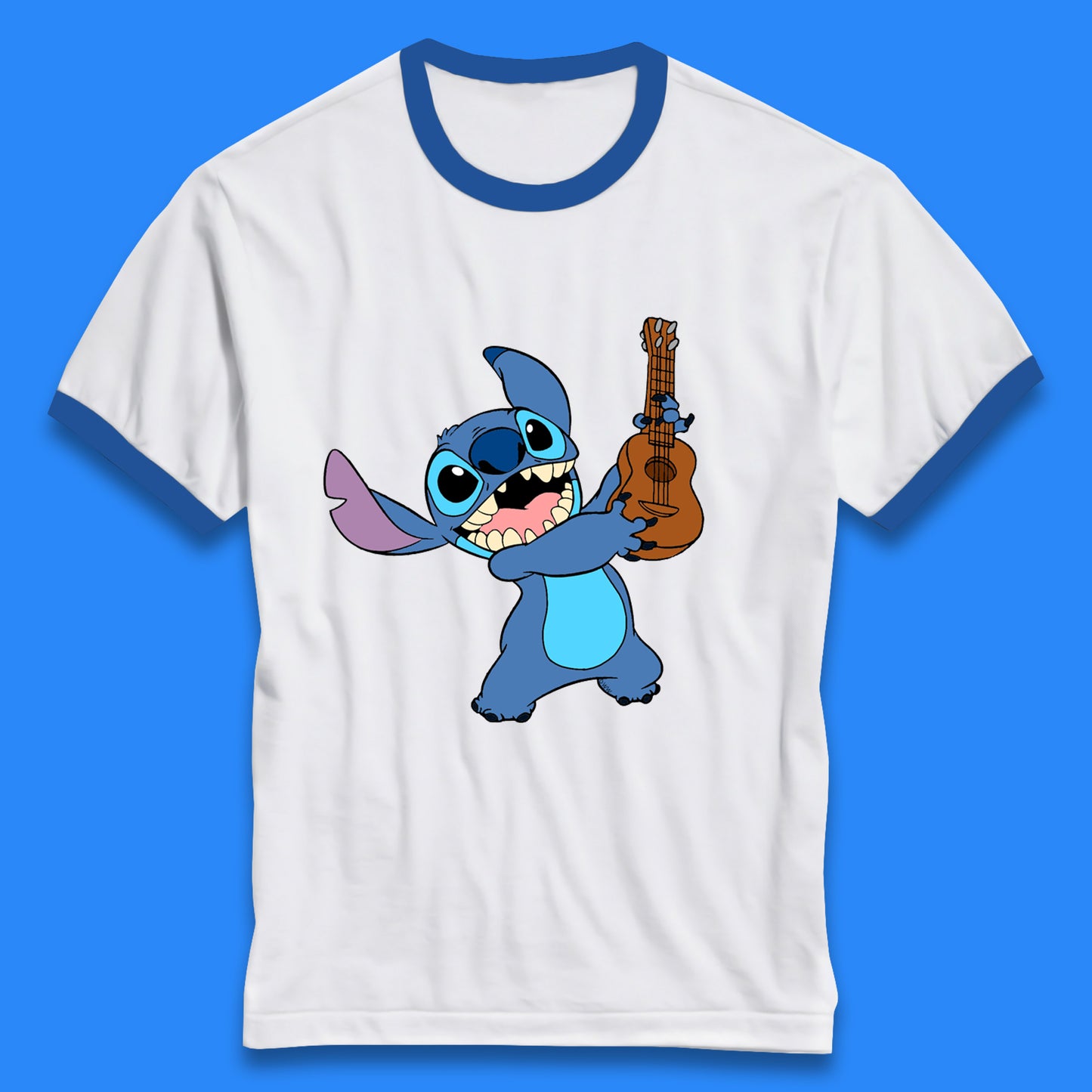 Disney Ohana Playing The Guitar Ohana Lilo & Stitich In Happy Mood Cartoon Character Disney World Ringer T Shirt