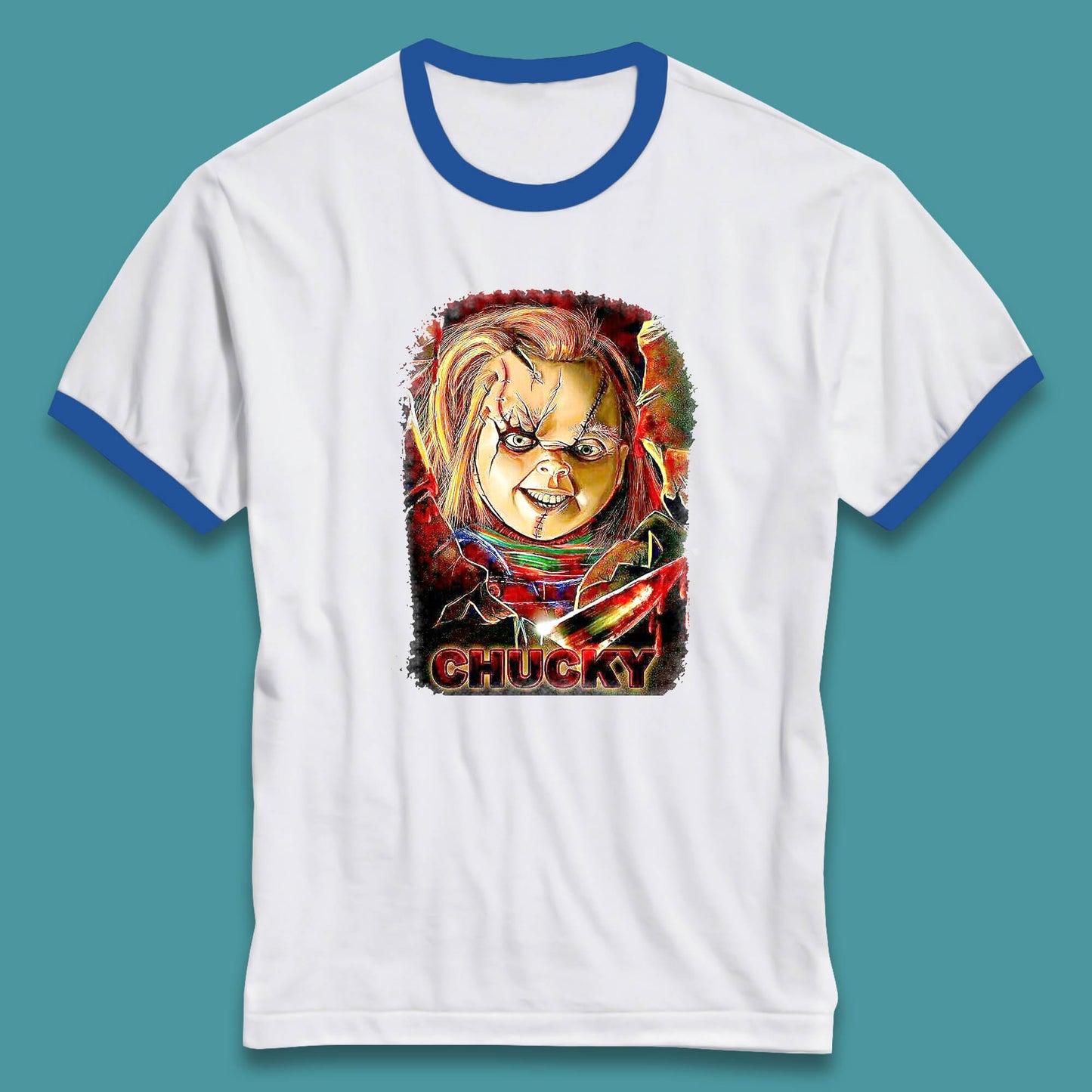Chucky Distressed Childs Play Horror Monster Creepy Doll Toy Scary Halloween Scary Movie Character Ringer T Shirt