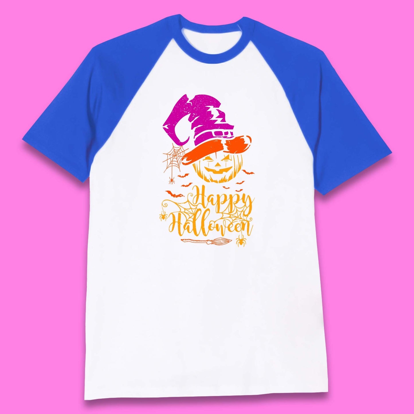 Happy Halloween Witch Hat Pumpkin Horror Scary Jack-o-lantern Flying Bats Baseball T Shirt