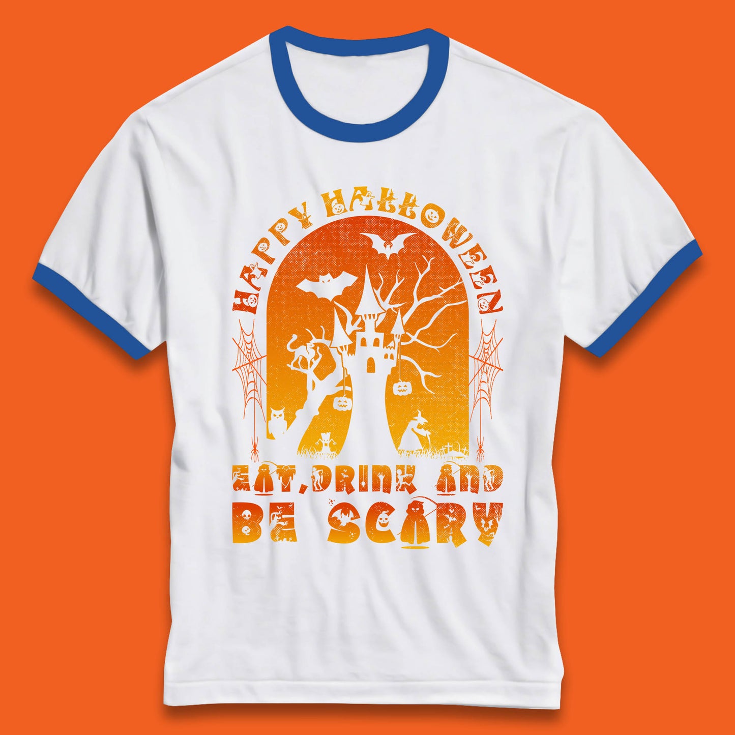 Happy Halloween Eat Drink And Be Scary Spooky Horror Hunted House Festive Gift Ringer T Shirt