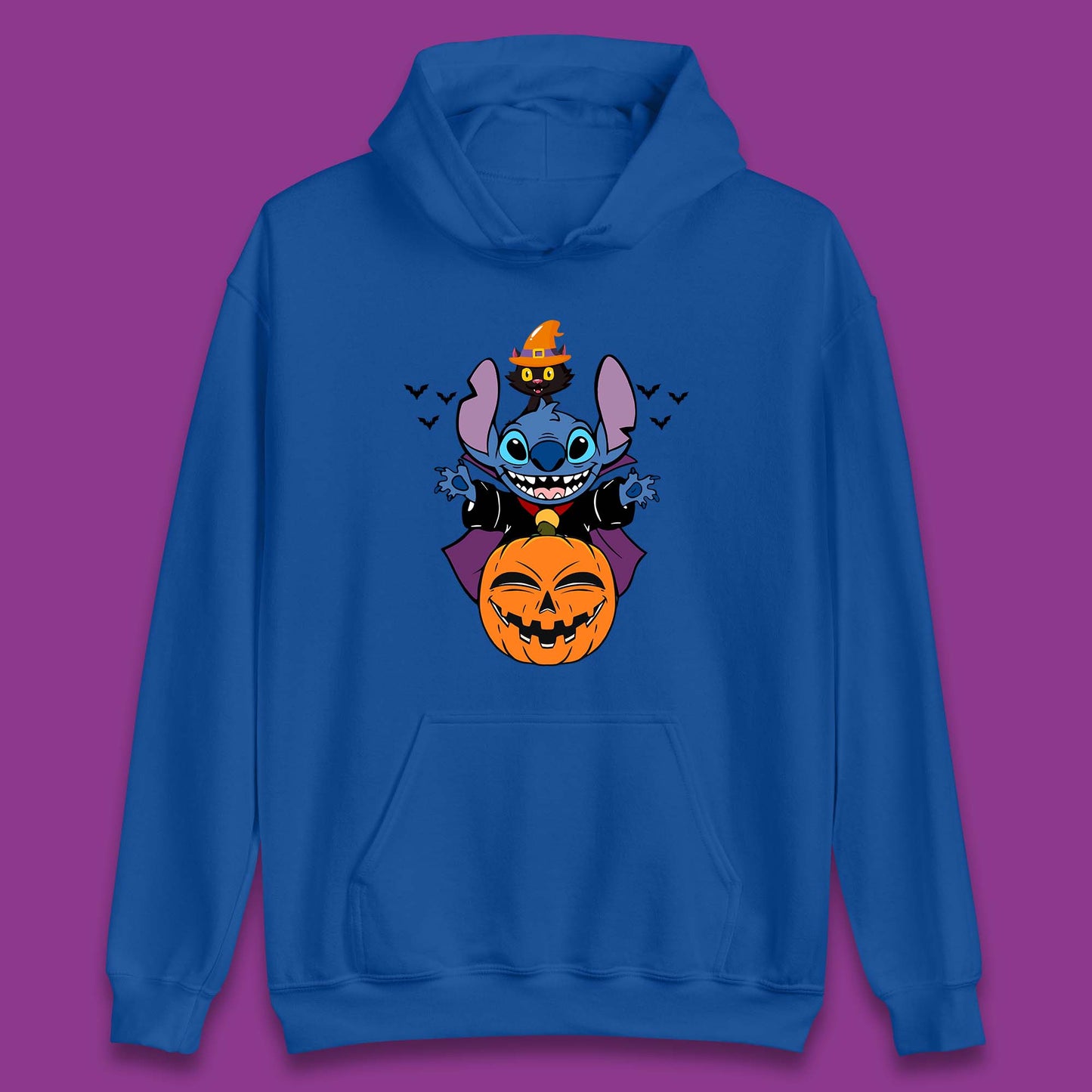 Disney Halloween Pumpkin Devil Stitch With Black Cat Horror Scary Disney Lilo & Stitch Unisex Hoodie