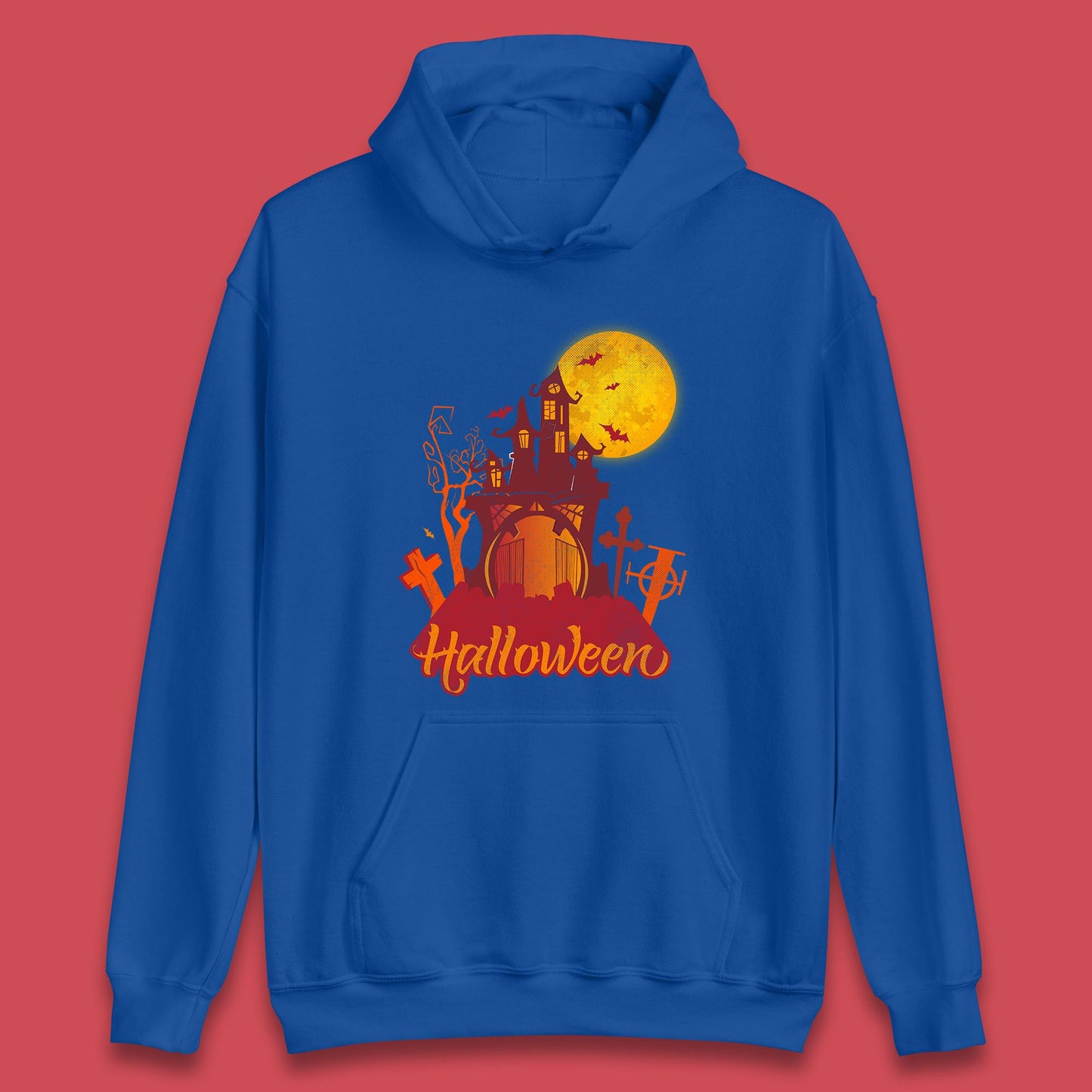Halloween Lettering With Full Moon Scary Haunted House Flying Bats Horror Graveyard Unisex Hoodie