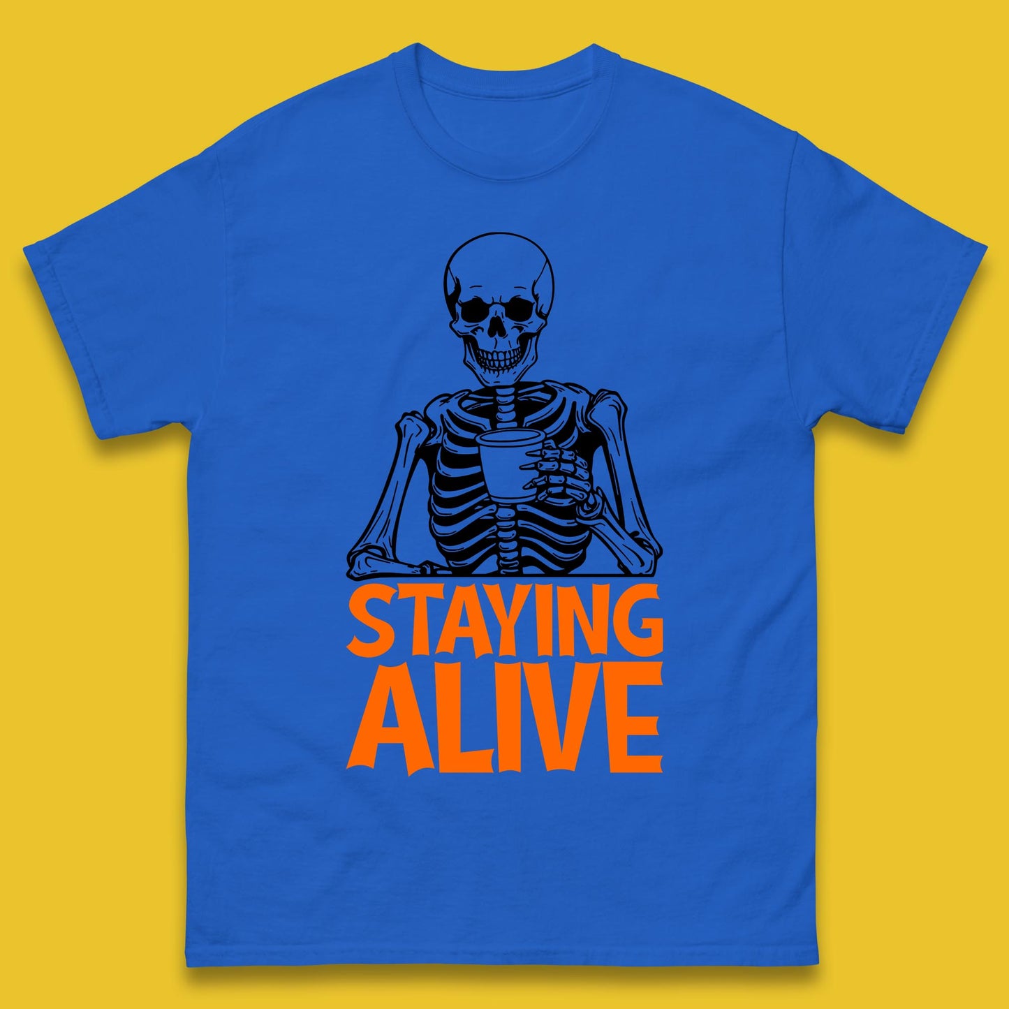 Staying Alive Funny Skeleton Trendy Coffee Halloween Skull Vintage Coffee Lovers Mens Tee Top